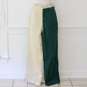 NWT Shekou Women’s Cream & Green Two-Tone Wide Leg Jeans Size Large